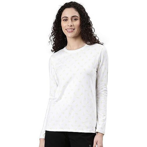 Enamor Women's Geometric Slim Fit T-Shirt (E257_Bright White-Dandelion Aop