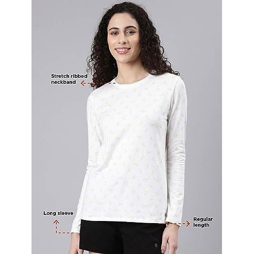 Enamor Women's Geometric Slim Fit T-Shirt (E257_Bright White-Dandelion Aop