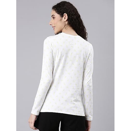 Enamor Women's Geometric Slim Fit T-Shirt (E257_Bright White-Dandelion Aop