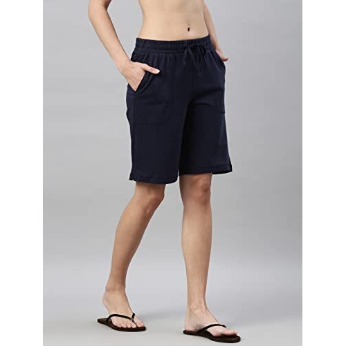 Enamor Essentials Womens Mid Rise Relaxed Fit 100% Cotton Knee Length Shorts Bermuda With Elasticated Waistband And Pockets - E080