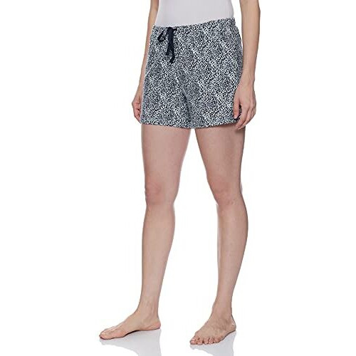 Enamor Essentials Women's Mid Rise Relaxed Fit Thigh Length Breathable Pure Cotton Shorts With 2 Side Pockets - E062(E062-Stroke Aop Blue Combo-L)