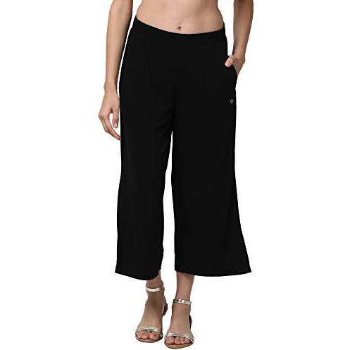 Enamor Essentials Women's Mid Rise Crop Length Soft & Drapey Stretch Viscose Culottes With Smart Side Slits - E064(E064-Jet Black-M)