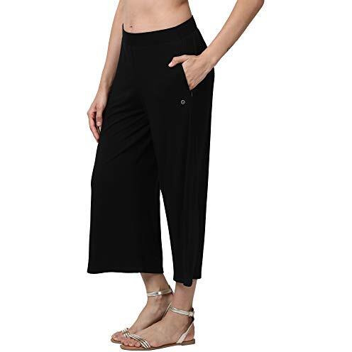 Enamor Essentials Women's Mid Rise Crop Length Soft & Drapey Stretch Viscose Culottes With Smart Side Slits - E064(E064-Jet Black-M)