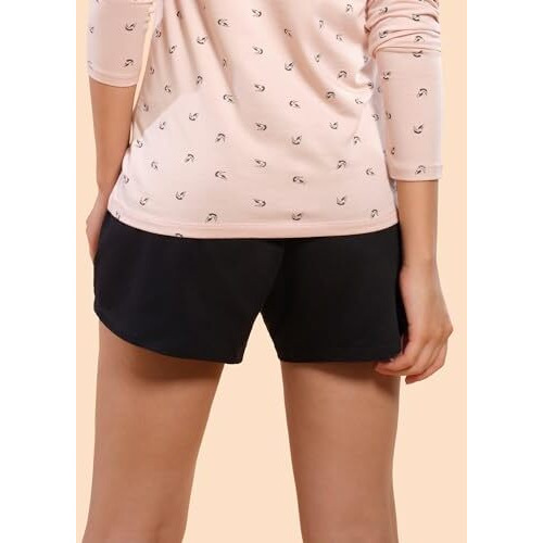Enamor Essentials Women's Relaxed Fit Mid Rise 100% Cotton Mid-Thigh Length Shorts With Adjustable Waistband & Pockets - E078(E078-Jet Black-S)