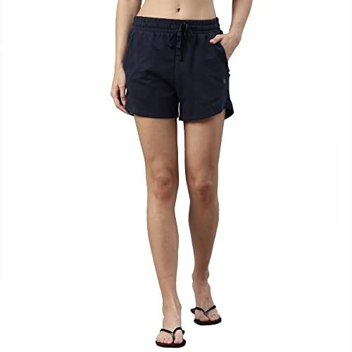 Enamor Essentials Women's Relaxed Fit Mid Rise 100% Cotton Mid-Thigh Length Shorts With Adjustable Waistband & Pockets - E078(E078-Navy-L)