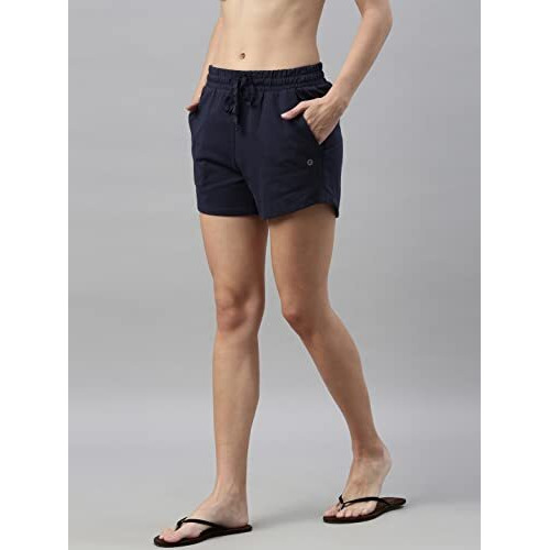 Enamor Essentials Women's Relaxed Fit Mid Rise 100% Cotton Mid-Thigh Length Shorts With Adjustable Waistband & Pockets - E078(E078-Navy-L)