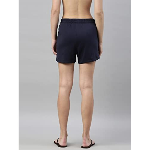 Enamor Essentials Women's Relaxed Fit Mid Rise 100% Cotton Mid-Thigh Length Shorts With Adjustable Waistband & Pockets - E078(E078-Navy-L)