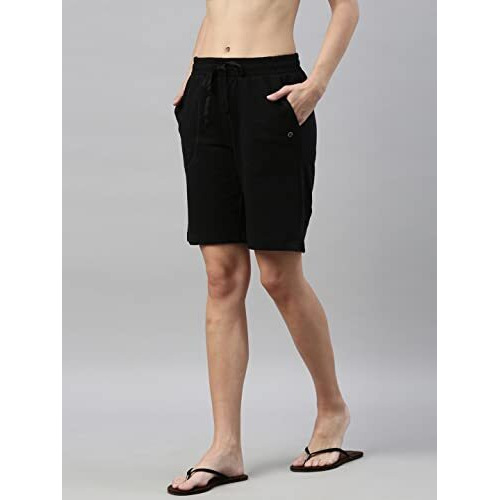 Enamor Essentials Women's Mid Rise Relaxed Fit 100% Cotton Knee Length Shorts Bermuda With Elasticated Waistband And Pockets - E080(E080-Jet Black-L)