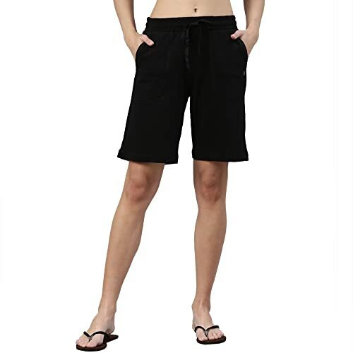 Enamor Essentials Womens Mid Rise Relaxed Fit 100% Cotton Knee Length Shorts Bermuda With Elasticated Waistband And Pockets - E080-(E080_Jet Black_Xl)