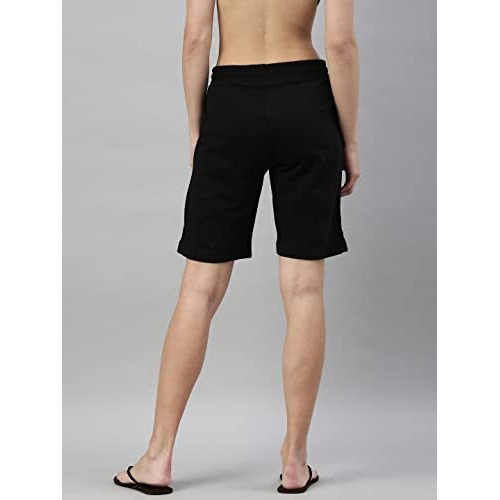 Enamor Essentials Womens Mid Rise Relaxed Fit 100% Cotton Knee Length Shorts Bermuda With Elasticated Waistband And Pockets - E080-(E080_Jet Black_Xl)