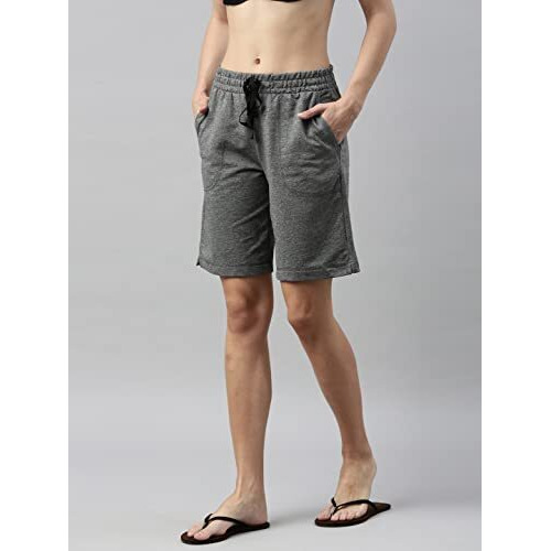 Enamor Essentials Womens Mid Rise Relaxed Fit 100% Cotton Knee Length Shorts Bermuda With Elasticated Waistband And Pockets - E080-(E080_Mediumgrey Melange_S)