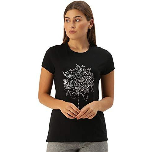 Enamor Essentials Women's Short Sleeve Crew Neck Slim Fit Breathable Stretch Cotton Tee With Graphic - E147(E147-Jet Black W/ Floman-M)