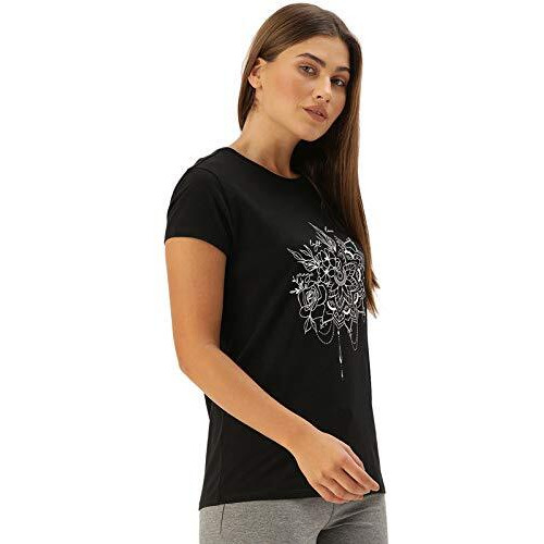 Enamor Essentials Women's Short Sleeve Crew Neck Slim Fit Breathable Stretch Cotton Tee With Graphic - E147(E147-Jet Black W/ Floman-M)