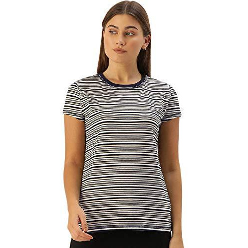 Enamor Essentials Women's Relaxed Fit Short Sleeves Crew Neck Slim Fit Breathable Stretch Regular Length Cotton Tee - Ea47(Ea47-Black/Beige/Ivory Yd Stripe-S)