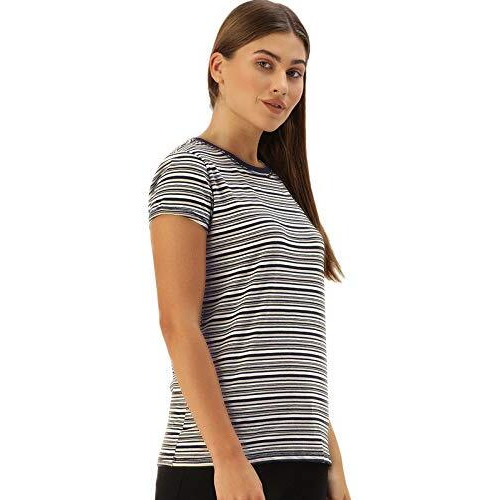 Enamor Essentials Women's Relaxed Fit Short Sleeves Crew Neck Slim Fit Breathable Stretch Regular Length Cotton Tee - Ea47(Ea47-Black/Beige/Ivory Yd Stripe-S)