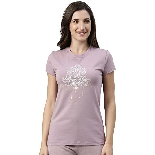 Enamor Essentials Women's Short Sleeve Crew Neck Slim Fit Breathable Stretch Cotton Tee With Graphic - E147(E147-Mauve Pink / Hamsa Graphic-S)