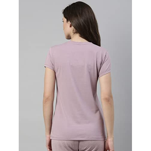 Enamor Essentials Women's Short Sleeve Crew Neck Slim Fit Breathable Stretch Cotton Tee With Graphic - E147(E147-Mauve Pink / Hamsa Graphic-S)