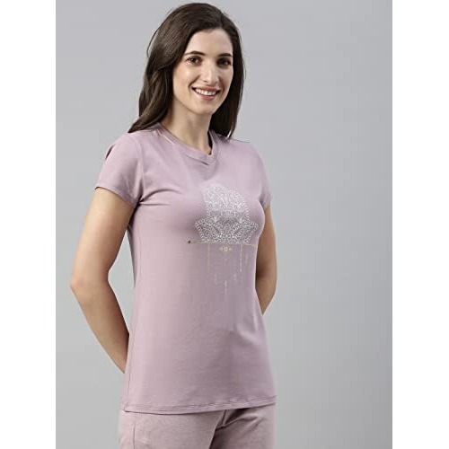 Enamor Essentials Women's Short Sleeve Crew Neck Slim Fit Breathable Stretch Cotton Tee With Graphic - E147(E147-Mauve Pink / Hamsa Graphic-S)