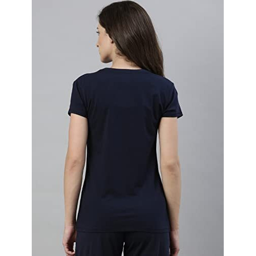 Enamor Essentials Women's Short Sleeve Crew Neck Slim Fit Breathable Stretch Cotton Tee With Graphic - E147(E147-Navy/Mandala Graphic-M)