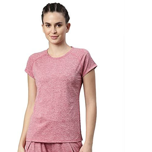 Enamor Athleisure Women's Raglan Sleeves Scoop Neck Slim Fit Quick Dry 4 Way Stretch Antimicrobial Active Tee With Reflective Graphic- E089(E089-Strawberry Mel W/Matrix Ref-M)