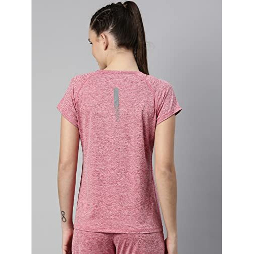 Enamor Athleisure Women's Raglan Sleeves Scoop Neck Slim Fit Quick Dry 4 Way Stretch Antimicrobial Active Tee With Reflective Graphic- E089(E089-Strawberry Mel W/Matrix Ref-M)