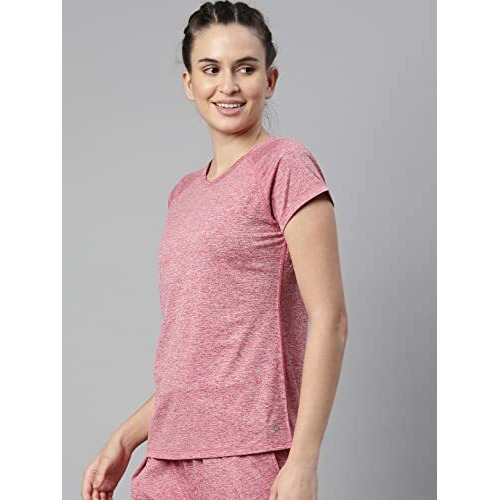 Enamor Athleisure Women's Raglan Sleeves Scoop Neck Slim Fit Quick Dry 4 Way Stretch Antimicrobial Active Tee With Reflective Graphic- E089(E089-Strawberry Mel W/Matrix Ref-M)