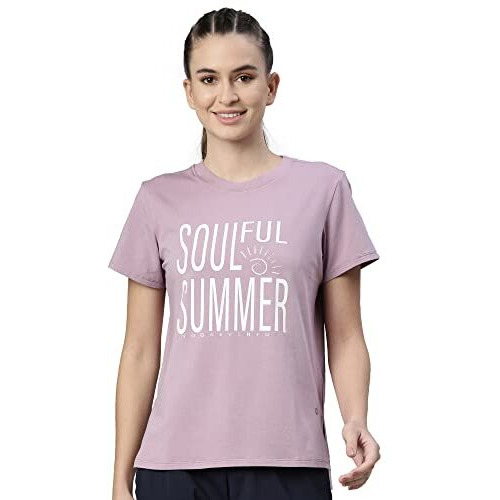 Enamor Athleisure Women's Short Sleeve Crew Neck Relaxed Fit Antimicrobial 4 Way Stretch Breathable Cotton Tee - A301(A301-Mauve Pink/Summer Graphic-S)