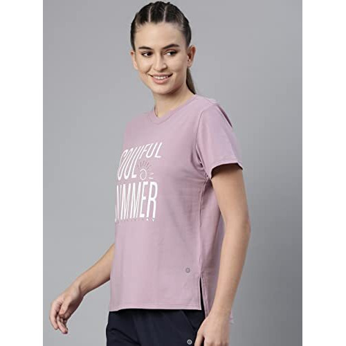 Enamor Athleisure Women's Short Sleeve Crew Neck Relaxed Fit Antimicrobial 4 Way Stretch Breathable Cotton Tee - A301(A301-Mauve Pink/Summer Graphic-S)