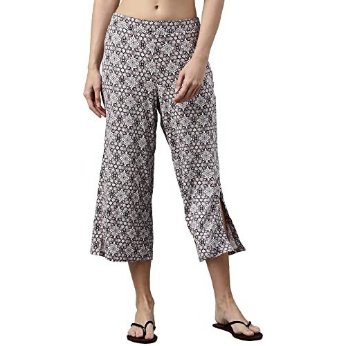 Enamor Essentials Women's Slim Fit Mid Rise Crop Length Soft & Drapey Stretch Viscose Culottes With Smart Side Slits - Ea64(Ea64-Mauve Bloom Aop-S)