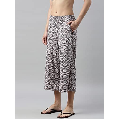Enamor Essentials Women's Slim Fit Mid Rise Crop Length Soft & Drapey Stretch Viscose Culottes With Smart Side Slits - Ea64(Ea64-Mauve Bloom Aop-S)