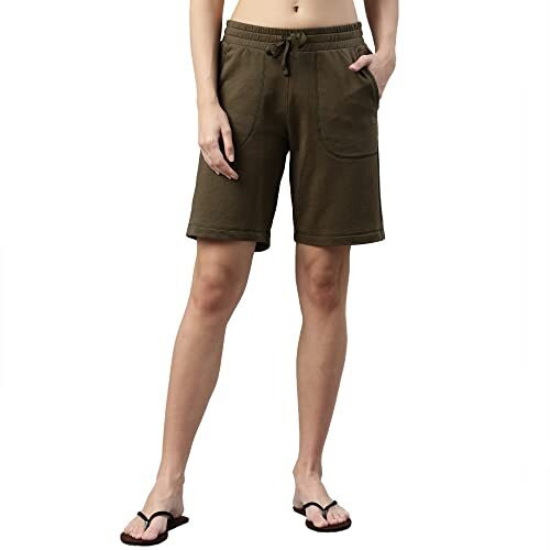 Enamor Essentials Women's Mid Rise Relaxed Fit 100% Cotton Knee Length Shorts Bermuda With Elasticated Waistband And Pockets - E080(E080-Army Green -L)