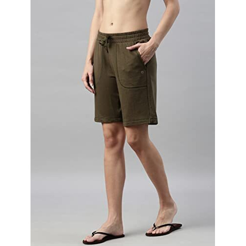 Enamor Essentials Women's Mid Rise Relaxed Fit 100% Cotton Knee Length Shorts Bermuda With Elasticated Waistband And Pockets - E080(E080-Army Green -L)