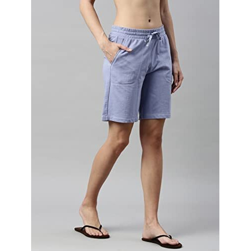 Enamor Essentials Women's Mid Rise Relaxed Fit 100% Cotton Knee Length Shorts Bermuda With Elasticated Waistband And Pockets - E080(E080-Powder Blue-S)