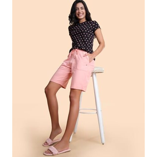 Enamor Essentials Womens Mid Rise Relaxed Fit 100% Cotton Knee Length Shorts Bermuda With Elasticated Waistband And Pockets - E080