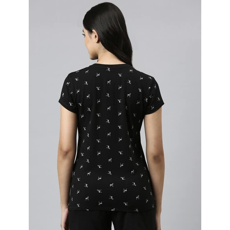 Enamor Essentials Short Sleeve Round Neck Slim Fit Stretch Cotton Lounge Tshirt For Womens-E247 (E247_Jet Black Deer Aop_M)