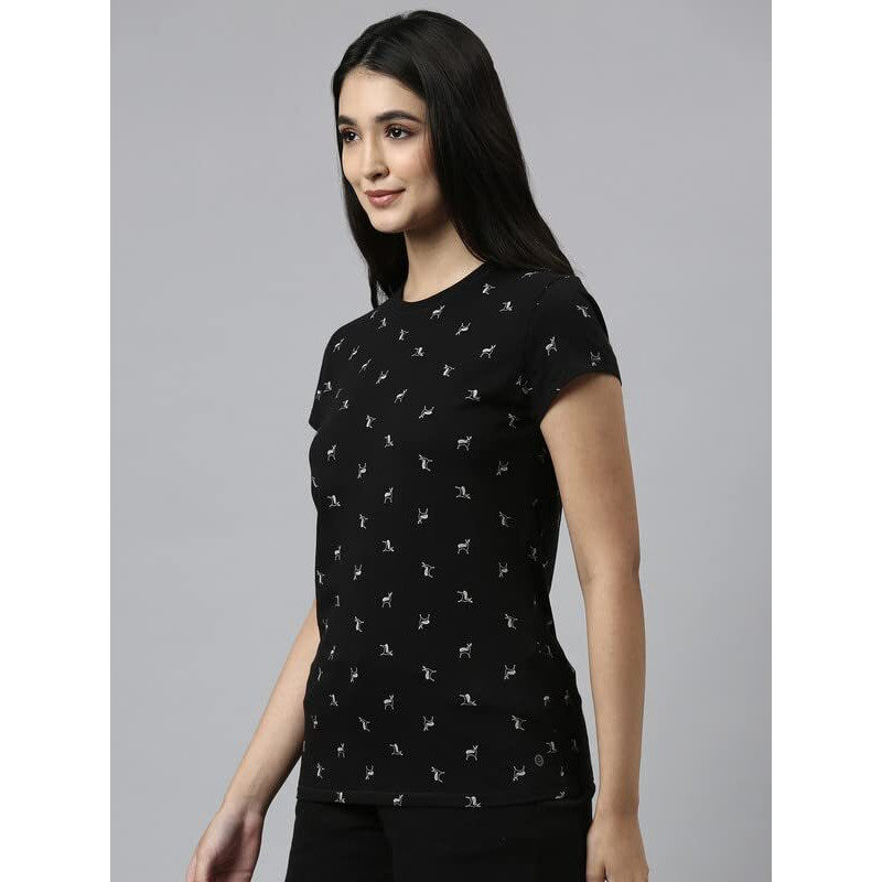 Enamor Essentials Short Sleeve Round Neck Slim Fit Stretch Cotton Lounge Tshirt For Womens-E247 (E247_Jet Black Deer Aop_M)