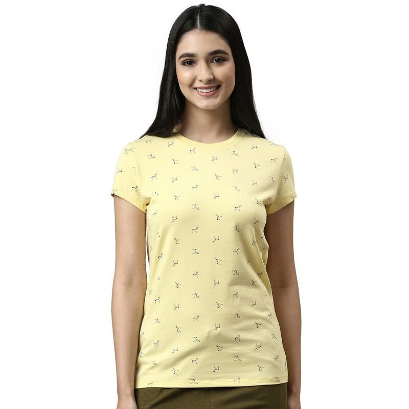 Enamor Essentials Short Sleeve Round Neck Slim Fit Stretch Cotton Lounge Tshirt For Womens-E247 (E247_Lemon Cream Deer Aop_L)