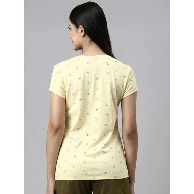 Enamor Essentials Short Sleeve Round Neck Slim Fit Stretch Cotton Lounge Tshirt For Womens-E247 (E247_Lemon Cream Deer Aop_L)