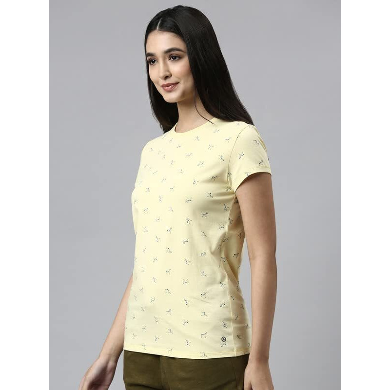 Enamor Essentials Short Sleeve Round Neck Slim Fit Stretch Cotton Lounge Tshirt For Womens-E247 (E247_Lemon Cream Deer Aop_L)
