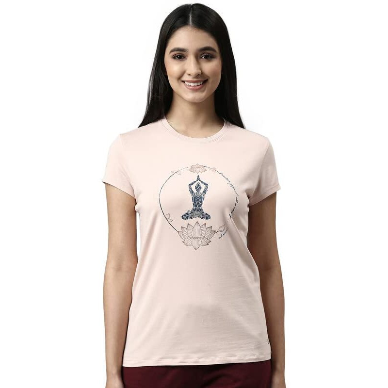 Enamor Essentials Short Sleeve Round Neck Slim Fit Stretch Cotton Tshirt For Womens-E147 (E147_Rosewater_Xl)
