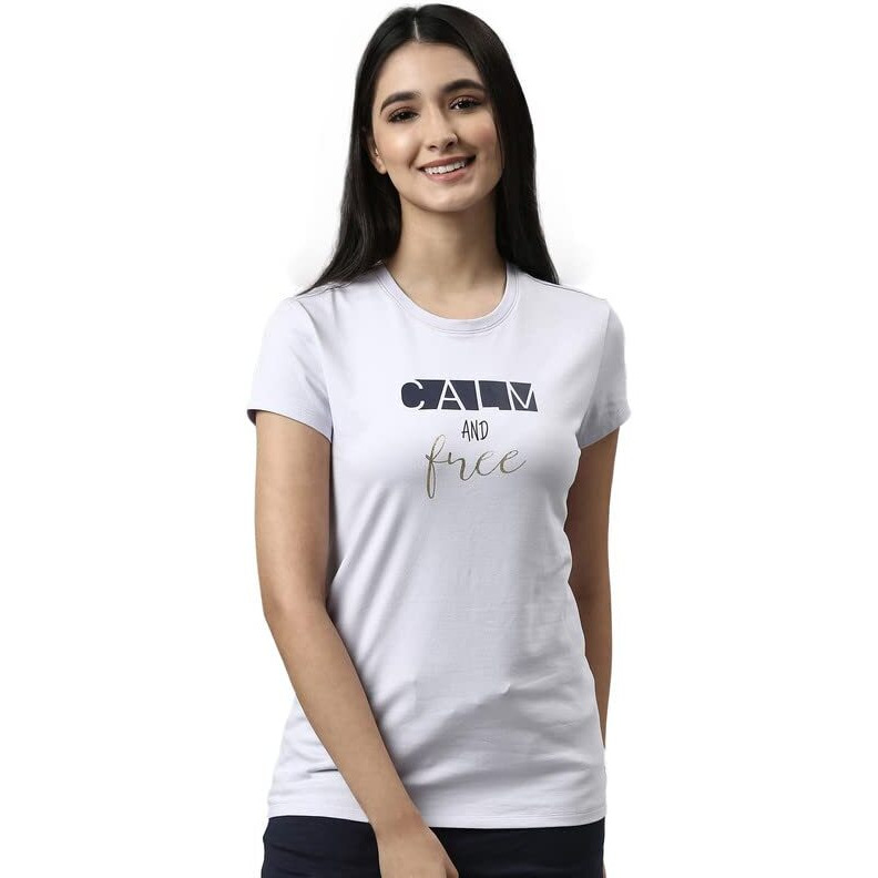 Enamor Essentials Short Sleeve Round Neck Slim Fit Stretch Cotton Tshirt For Womens-E147 (E147_Lilac Iris/Calm Graphic_M)