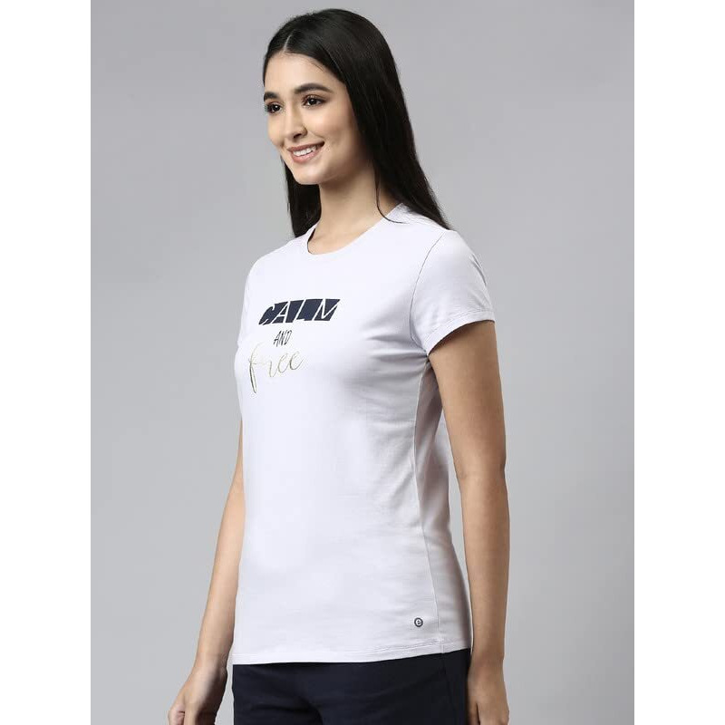 Enamor Essentials Short Sleeve Round Neck Slim Fit Stretch Cotton Tshirt For Womens-E147 (E147_Lilac Iris/Calm Graphic_M)