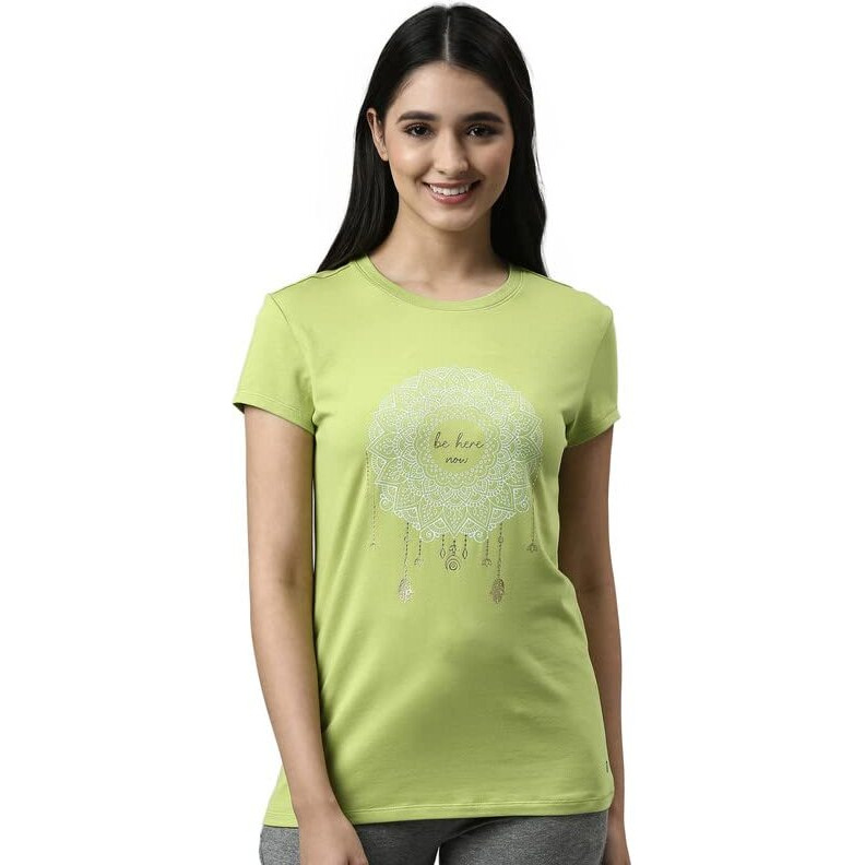 Enamor Essentials Short Sleeve Round Neck Slim Fit Stretch Cotton Tshirt For Womens-E147 (E147_Green Pea_L)