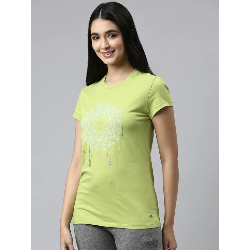 Enamor Essentials Short Sleeve Round Neck Slim Fit Stretch Cotton Tshirt For Womens-E147 (E147_Green Pea_L)