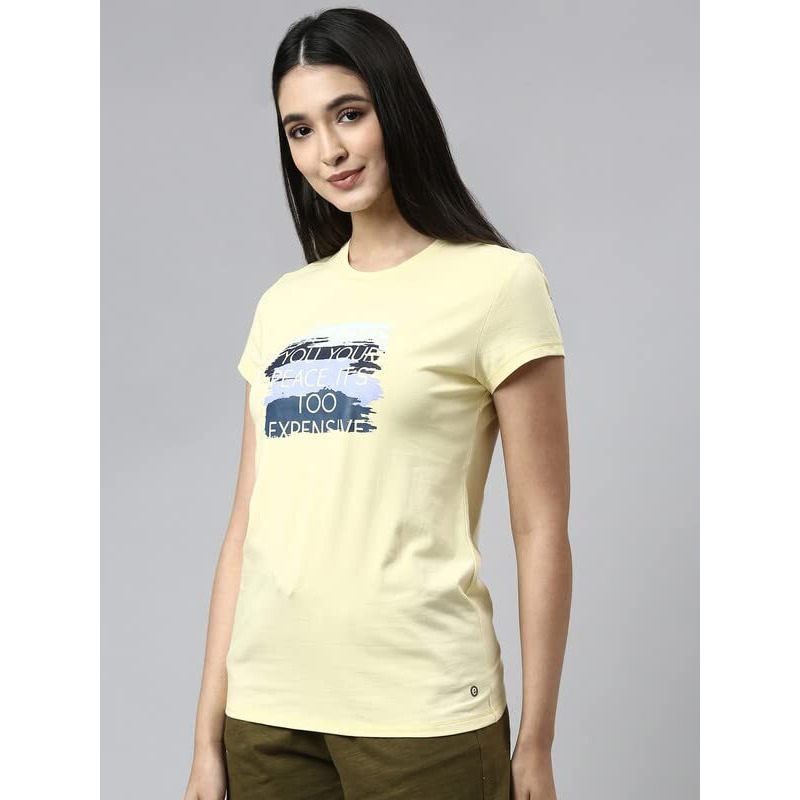 Enamor Essentials Short Sleeve Round Neck Slim Fit Stretch Cotton Tshirt For Womens-E147 (E147_Lemon Cream_M)