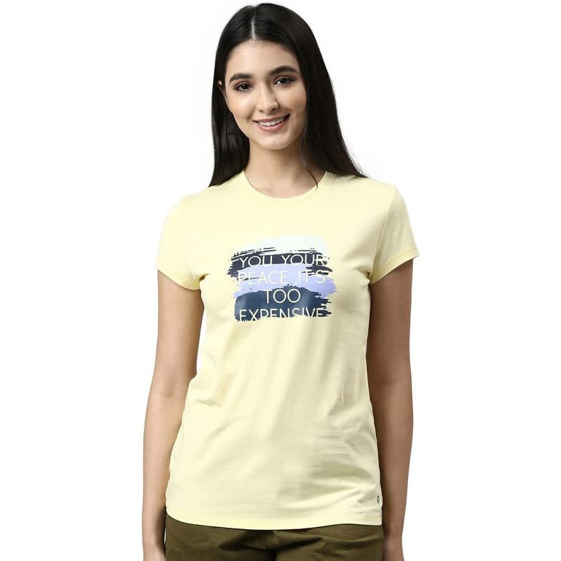 Enamor Essentials Short Sleeve Round Neck Slim Fit Stretch Cotton Tshirt For Womens-E147 (E147_Lemon Cream_S)