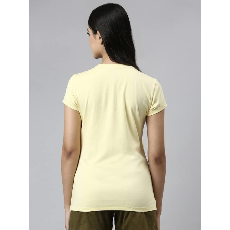 Enamor Essentials Short Sleeve Round Neck Slim Fit Stretch Cotton Tshirt For Womens-E147 (E147_Lemon Cream_S)