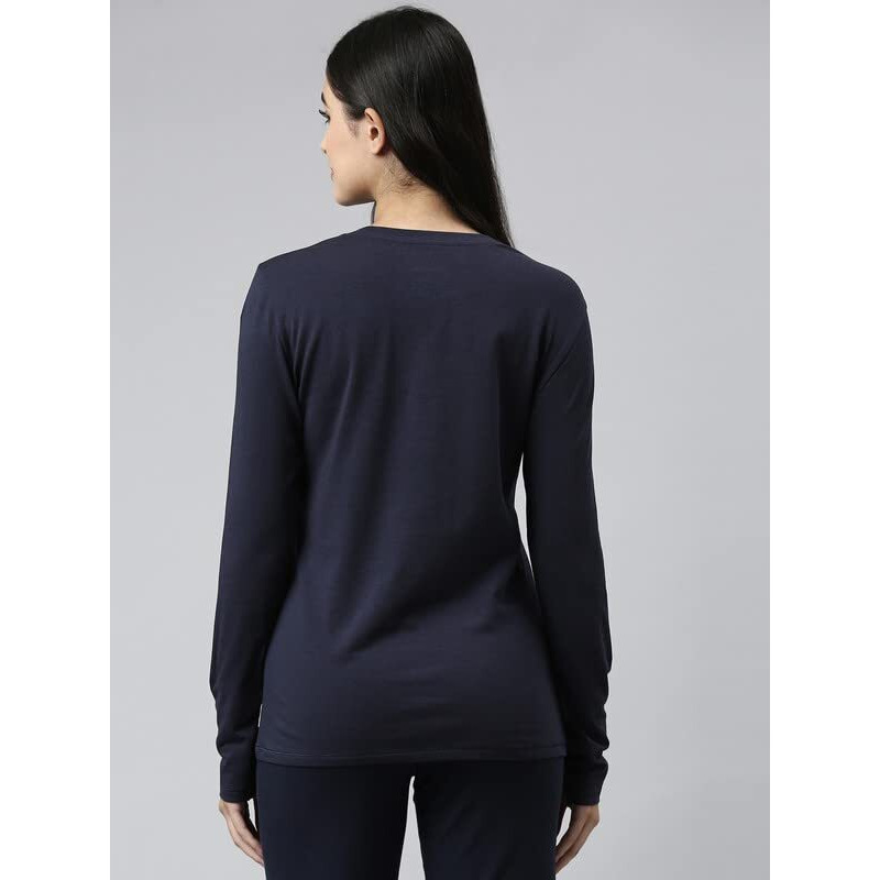 Enamor Essentials Full Sleeve Round Neck Slim Fit Stretch Cotton Lounge Tshirt For Womens-E157 (E157_Navy/ Peace_S)
