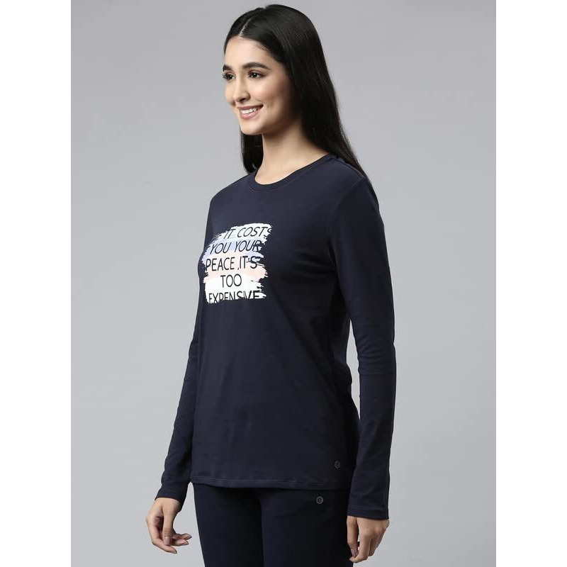 Enamor Essentials Full Sleeve Round Neck Slim Fit Stretch Cotton Lounge Tshirt For Womens-E157 (E157_Navy/ Peace_S)