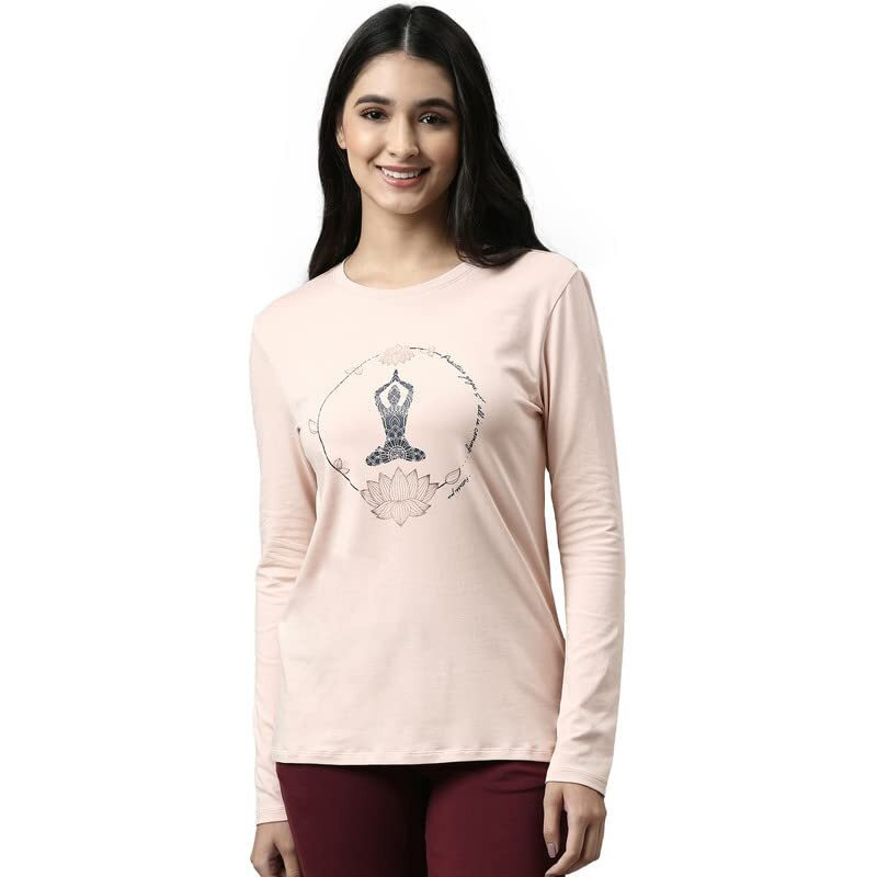 Enamor Essentials Full Sleeve Round Neck Slim Fit Stretch Cotton Lounge Tshirt For Womens-E157 (E157_Rosewater_Xl)